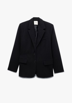 Schwarze Blazer mit taillierter Passform, einreihiger Knopfverschluss, zwei frontale Taschen, Notch-Revers und glatter Innenfutter.