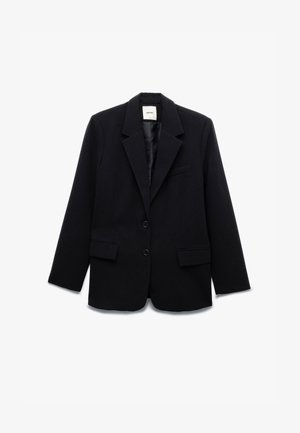 Blazer nero con design su misura, chiusura a un bottone, due tasche frontali, rever a punta e fodera interna liscia.