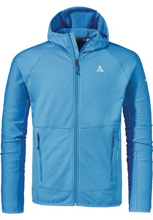 Blaues Kapuzenjacke mit strukturiertem Muster, Reißverschluss vorne, zwei Seitentaschen und tailliertem Design. Verfügt über gerippten Stoff und Akzent-Logo.