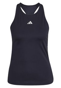 Námořnická modrá sportovní tílko s křížovými zády; vyrobeno z hladké, elastické látky. Obsahuje bílé logo na hrudi a větrací detaily.