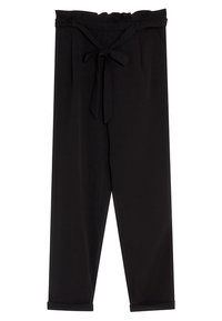 Pantalon noir en tissu lisse, avec taille haute, ceinture à nouer et ourlets retroussés. Coupe ajustée avec poches avant.