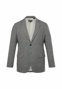 Szary żakiet wykonany z teksturowanej tkaniny, z klapami, jednym zapięciem na guzik, dwoma przednimi kieszeniami oraz rozcięciem z tyłu.