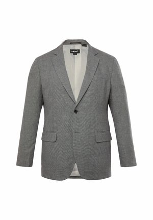 Grijze blazer van textuurstof, met notched revers, een enkele knoopsluiting, twee voorzakken en een ventilated achterkant.