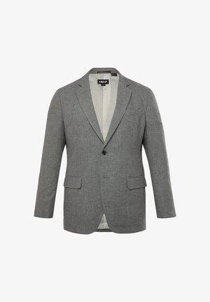 Grijze blazer van textuurstof, met notched revers, een enkele knoopsluiting, twee voorzakken en een ventilated achterkant.