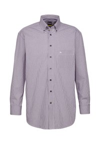 Camicia button-up con maniche lunghe, a quadretti bianchi e blu navy, una tasca sul petto e bottoni neri sul pattino frontale.