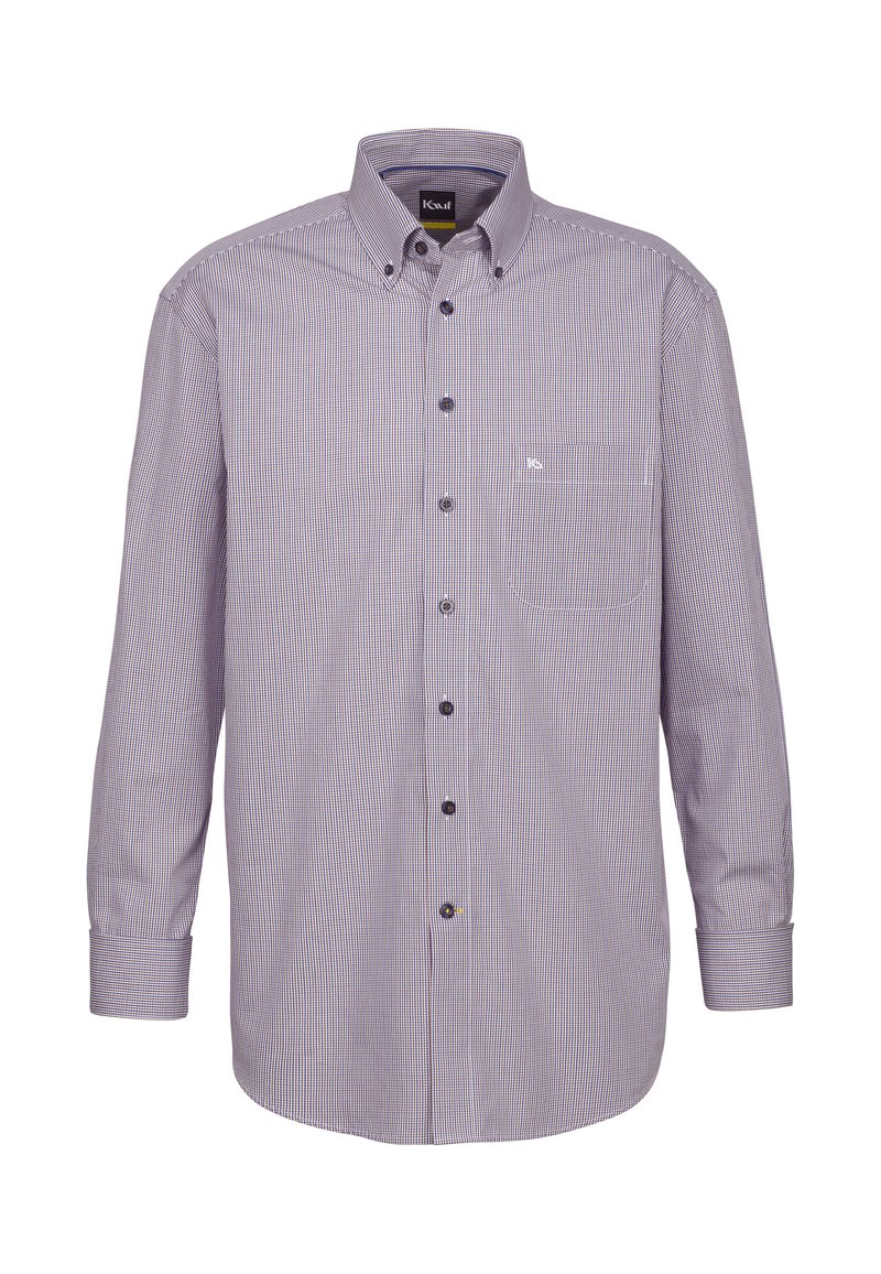 Camicia button-up con maniche lunghe, a quadretti bianchi e blu navy, una tasca sul petto e bottoni neri sul pattino frontale.