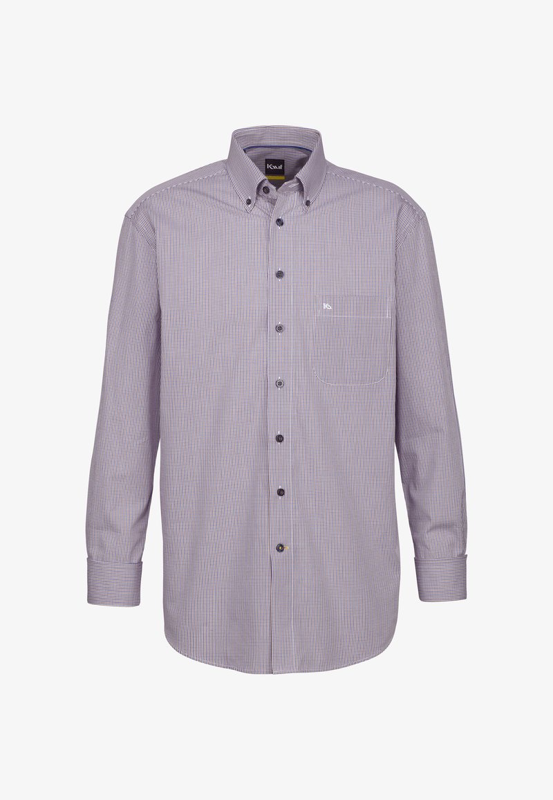 Camicia button-up con maniche lunghe, a quadretti bianchi e blu navy, una tasca sul petto e bottoni neri sul pattino frontale.