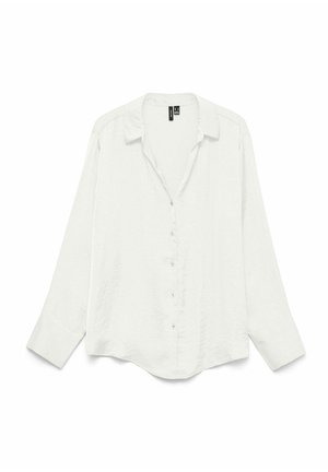 Witte overhemd met lange mouwen, knopen en een kraag, een losse pasvorm en een licht gebogen zoom; de stof lijkt zacht en gestructureerd.