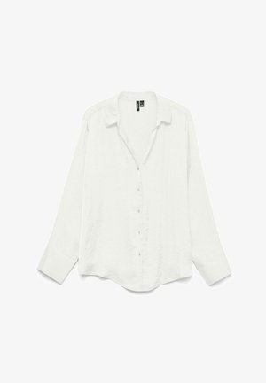 Balta garām piedurknēm, ar pogām aiztaisāma krekls ar apkakli, brīvs piegriezums un nedaudz izliektas apakšmala; audums izskatās mīksts un teksturēts.