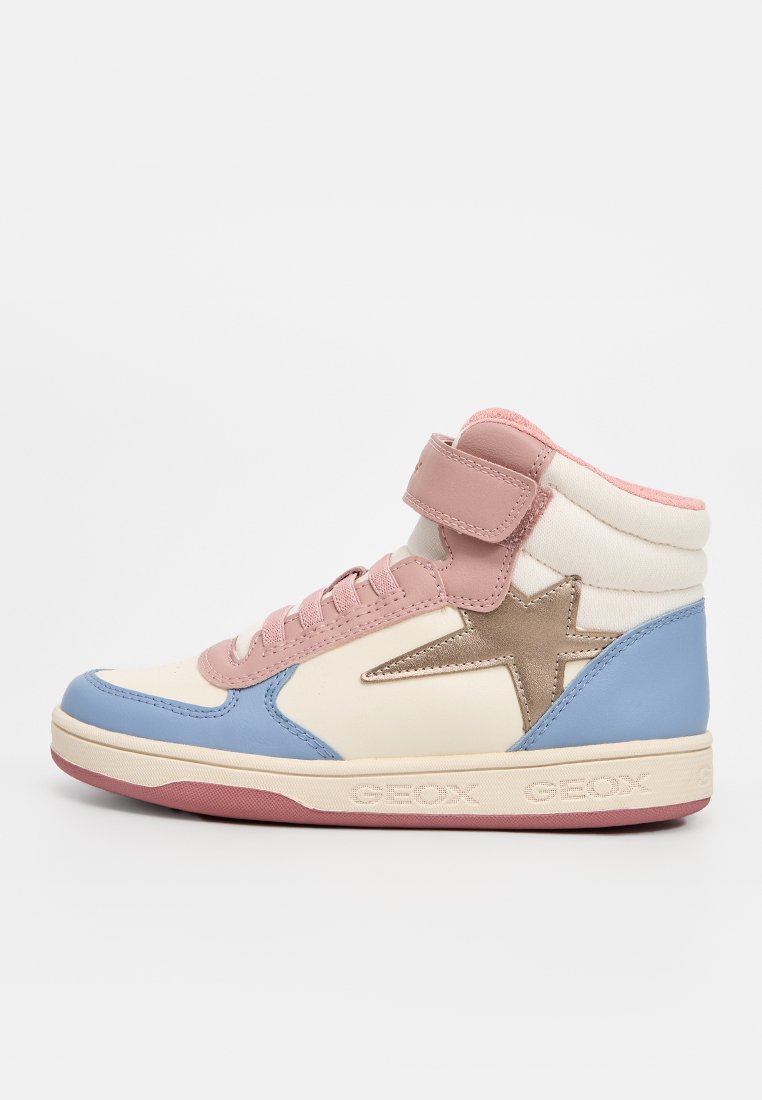 Sneakers alte in crema, azzurro chiaro e rosa. Presentano un accento a stella beige, colletto imbottito e chiusura in Velcro. Sole in gomma texturizzata.