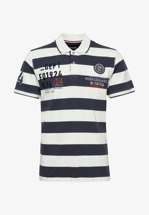 Marineblå og hvit stripet polo skjorte laget av bomull. Har krage, to-knapp pløs og broderte logoer og tekst foran.