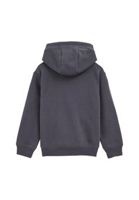 Ciemnoszara bluza z kapturem z kieszenią typu kangur, ściągaczami na rękawach i u dołu, z kapturem regulowanym sznurkiem oraz gładką fakturą tkaniny bawełnianej.