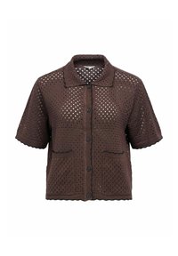 Cardigan tricoté marron avec un motif ajouré, manches courtes, col, bords festonnés, et deux poches avant avec fermeture par bouton.