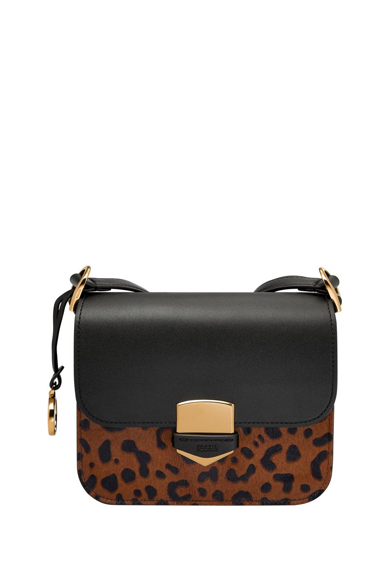 Black synthetic leather crossbody bag with a leopard-print lower section, gold hardware, and a flap closure. Features adjustable strap.