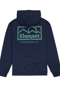 Sudadera azul marino con un bolsillo canguro y capucha con cordón. Presenta un logo turquesa de "Element Skateboard Co." con gráficos de montañas y sol.