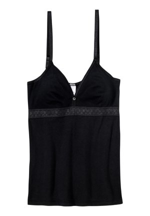 Schwarzes Spaghettiträgertop mit tiefem Ausschnitt, strukturiertem Bund an der Taille und einem kleinen Knopfdetail vorne.