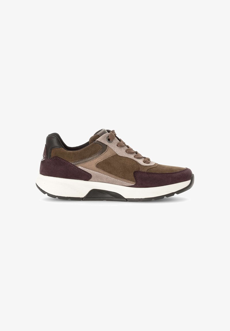 Brown and burgundy suede sneaker with a white midsole and black accents. Features a textured upper and lace closure for adjustability.