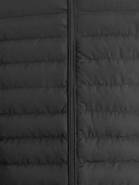 Gilet imbottito nero con zip verticale, texture trapuntata e cuciture orizzontali per l'isolamento. Tessuto liscio senza ulteriori motivi.