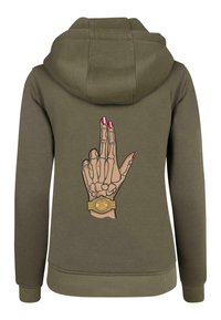 Felpa verde oliva con una grande grafica di una mano scheletrica e un orologio dorato stampata sul retro. Presenta un cappuccio con cordino e polsini a coste.