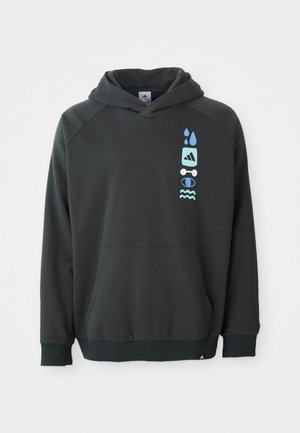 Sudadera gris oscuro con un bolsillo canguro, capucha ajustable con cordón y símbolos gráficos azules dispuestos verticalmente en el lado izquierdo.