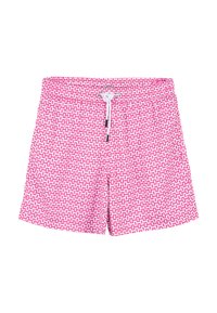 Pantaloni da bagno rosa con un motivo geometrico bianco, vita elastica, chiusura con cordino e vestibilità rilassata.