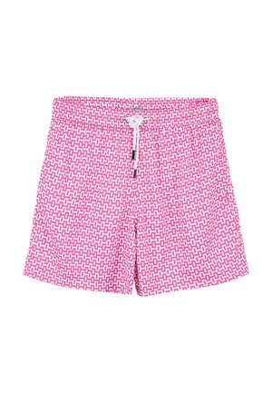 Roze zwembroek met een geometrisch wit patroon, elastische tailleband, trekkoordsluiting en een losse pasvorm.