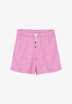 Pantaloni da bagno rosa con un motivo geometrico bianco, vita elastica, chiusura con cordino e vestibilità rilassata.
