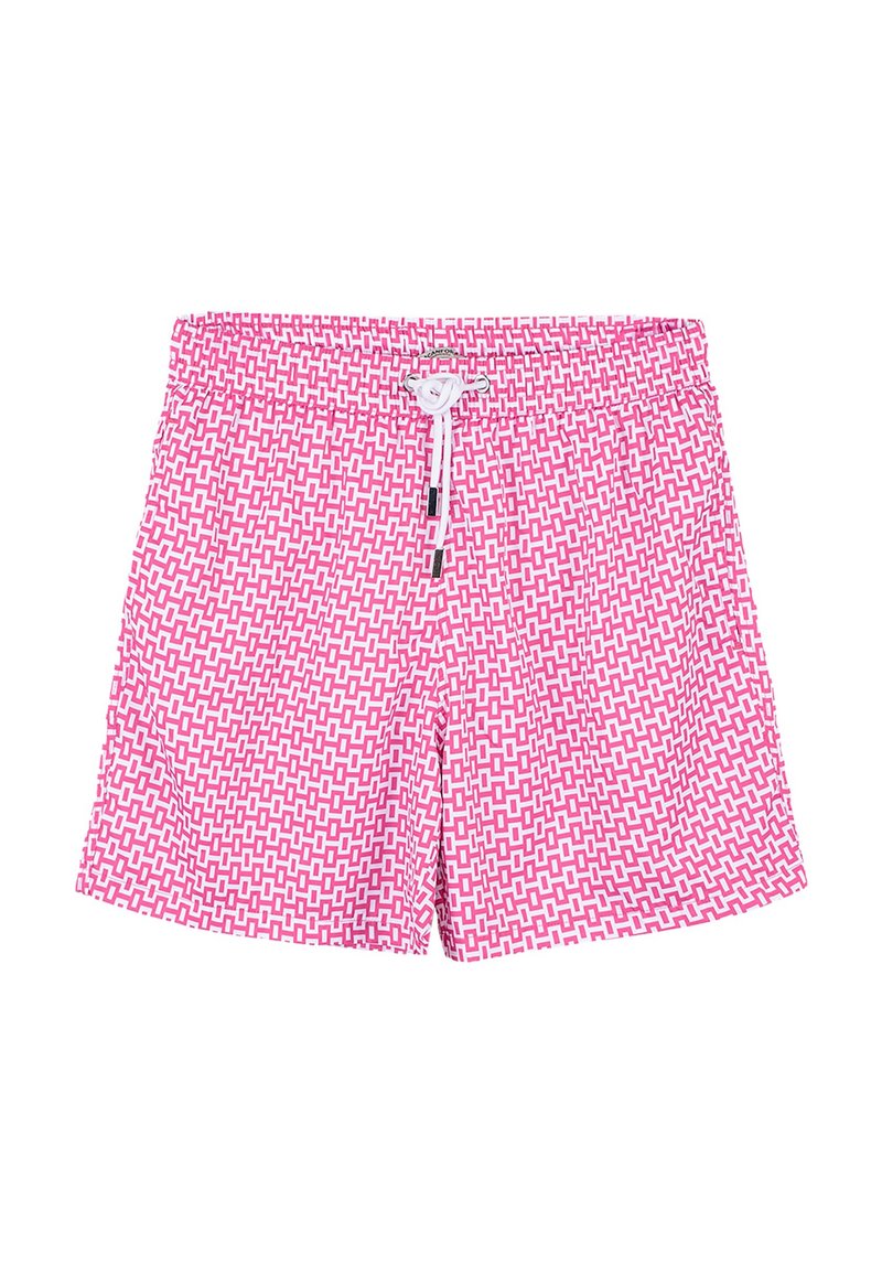Pantaloni da bagno rosa con un motivo geometrico bianco, vita elastica, chiusura con cordino e vestibilità rilassata.