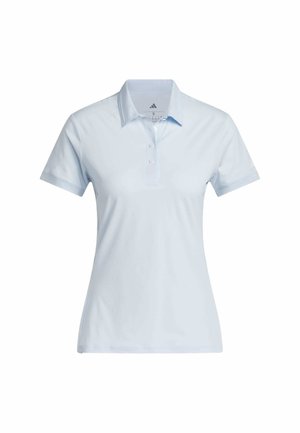 Lichtblauwe poloshirt met een kraag, drie knopen sluiting en korte mouwen. Gemaakt van soepele stof met een getailleerd ontwerp.