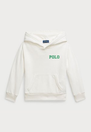 Hoodie branco feito de algodão suave, com um bolso frontal, capuz com cordão e bordado verde "POLO" no lado esquerdo do peito.