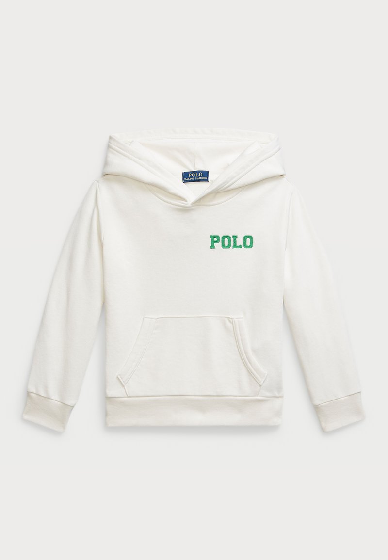 Hoodie branco feito de algodão suave, com um bolso frontal, capuz com cordão e bordado verde "POLO" no lado esquerdo do peito.