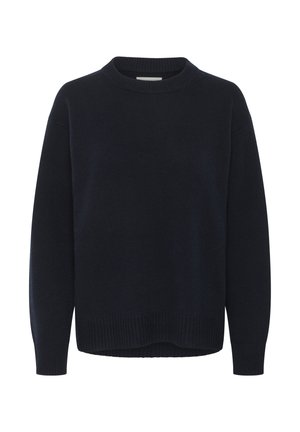 Marineblauwe gebreide trui met een ronde hals, geribde mouwen en onderkant. Heeft een relaxte pasvorm en zachte textuur. Geen patronen of accenten.