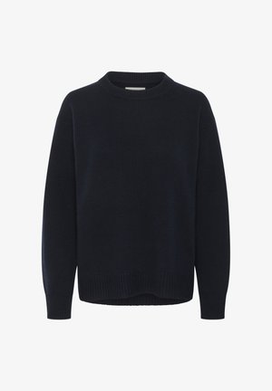 Marineblå strikket genser med rund hals, ribbestrikkede mansjetter og kant. Har en avslappet passform og myk tekstur. Ingen mønstre eller detaljer.