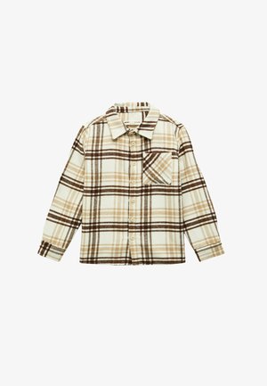 Camicia in flanella color crema con motivo a quadri marrone e beige, design con colletto, maniche lunghe, chiusura anteriore con bottoni e taschino sul petto.