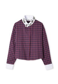 Blusa a quadri blu navy e rossa con maniche lunghe, colletto bianco con decorazioni e design corto.