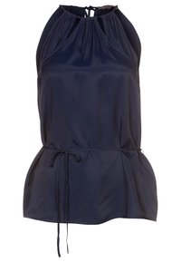 Mörkblå halterneck-top i lätt tyg, med en rynkad halsringning, öppna sidor och dragsnöre i midjan för justerbar passform.