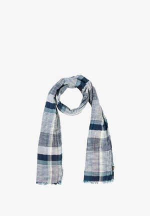 Leichter Schal mit blauen, grauen und weißen horizontalen und vertikalen Streifen, locker gewickelt mit fransigen Enden.