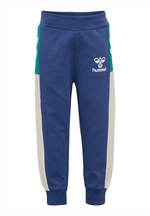 Blue sweatpants with green and cream side panels, elastic waistband, fitted cuffs, and a prominent white logo of "hummel" on the front.