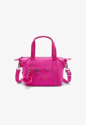 Borsa a mano in tessuto rosa con doppi manici e tracolla removibile. Presenta una tasca con zip sulla parte anteriore e un accento di portachiavi in pelliccia. Dettaglio con logo circolare.