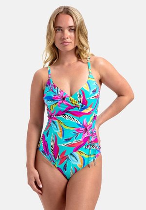 Eén stuk zwempak met een levendig bloemenpatroon in turquoise, roze en geel, met verstelbare schouderbanden en geplooide zijkanten.