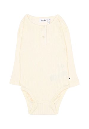 Body neonato a maniche lunghe color crema, a costine, con due bottoni allo scollo e un piccolo dettaglio a stella nella parte inferiore.