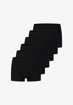 Sechs Paare schwarze Boxershorts aus weichem, dehnbarem Stoff mit einem glatten Bund. Jedes Paar hat eine taillierte Form.
