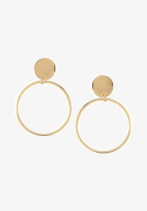 Los pendientes de aro dorados presentan un diseño circular con un stud circular mate liso y un aro pulido que cuelga debajo.