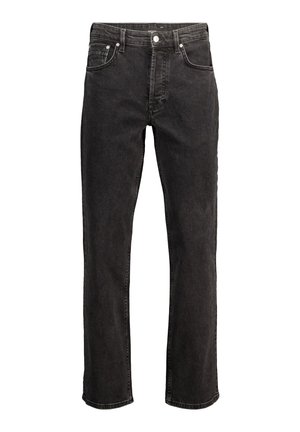 Black denim jeans with a straight-leg design, five pockets, silver button and rivets, and minimalistic stitching details.