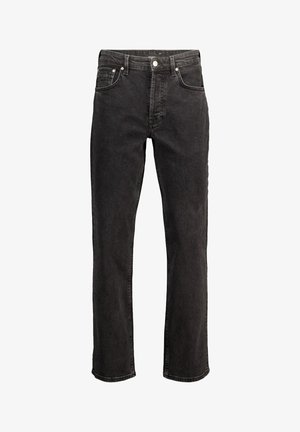 Zwarte denim jeans met een recht gesneden ontwerp, vijf zakken, zilveren knoop en klinknagels, en minimalistische stikseldetails.