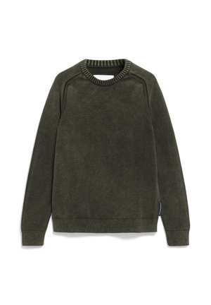 Dark green pullover sweater made of soft fabric. Features a ribbed crew neckline, long sleeves, and a straight hem with subtle stitching details.
