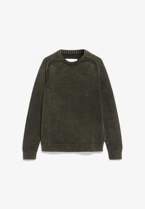 Dunkelgrüner Pullover aus weichem Stoff. Verfügt über einen gerippten Rundhalsausschnitt, lange Ärmel und einen geraden Saum mit subtilen Nähten.