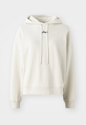 Hoodie de cor creme, em material de algodão, corte relaxado, capuz com cordão, punhos e bainha canelados, logótipo bordado no peito.