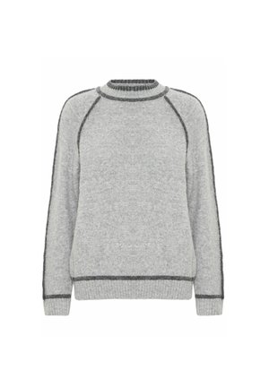 Grau gestrickter Pullover aus Wolle mit geripptem Rundhalsausschnitt, Raglanärmeln und kontrastierendem dunkelgrauen Saum entlang der Nähte und dem Abschluss. Weiche Textur, lockere Passform.