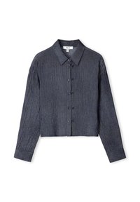 Chemise à boutons raccourcie en tissu texturé gris foncé. Dispose d'un col classique et de manches longues avec des fermetures à bouton sur le devant.